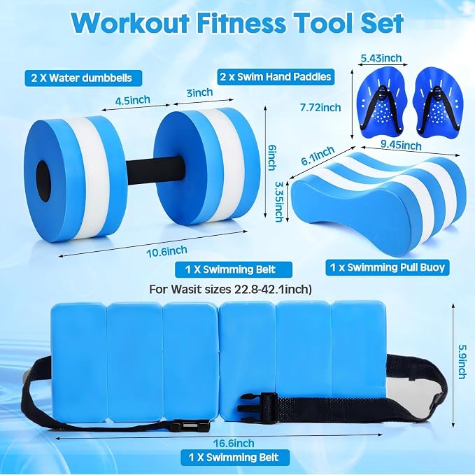 7 Pcs Pool Exercise Set Including 2 Lightweight Aquatic Dumbbells, 2 Swimming Hand Paddles, Pull Buoy, Pool Mesh Bag Swim Belt Sport Equipment for Water Aerobics Exercise - Image 2