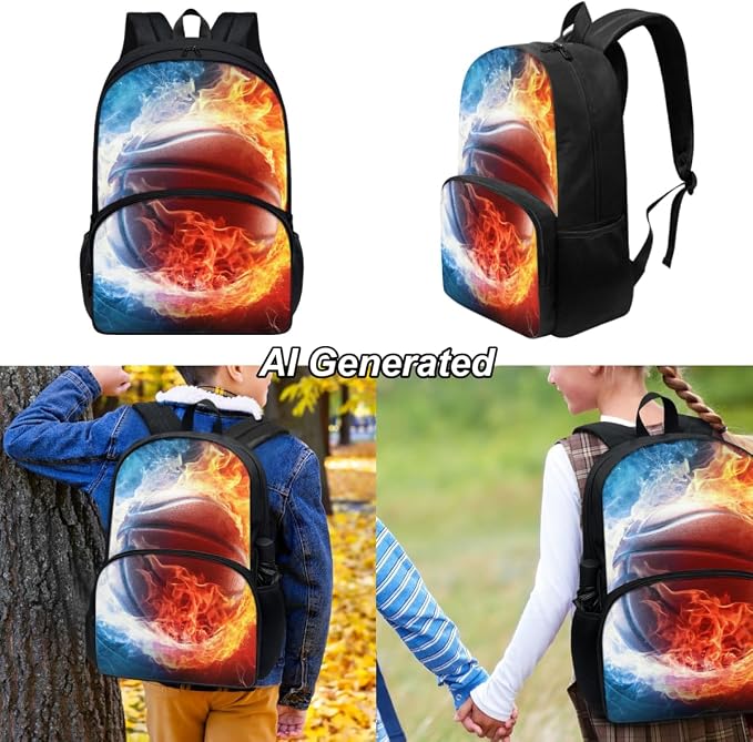 Basketball Boys Bookbag 10-12 Years Old Ice and Fire High School Backpack with Lunch Box and Pencil Bag Set 3-in-1 Large School Bags for Teens - Image 2