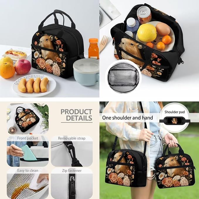 Capybara Flowers 3 Pieces Kids Backpack Set Children Bookbag with Lunch Bag and Pencil Case School Bags for Elementary Middle High School Student - Image 3