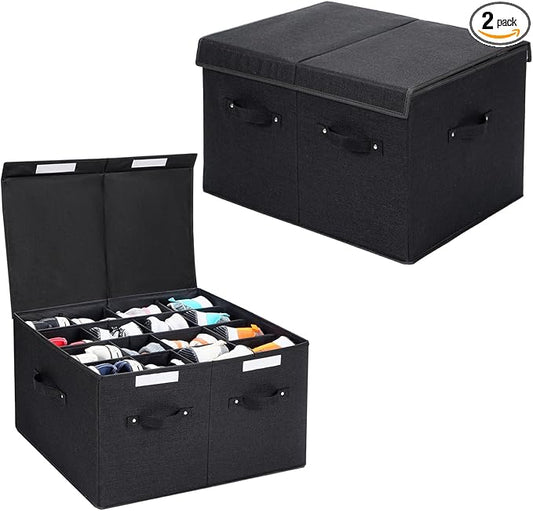 2 Pack Shoe Organizer for Closet, Foldable Shoe Storage Box with Adjustable Dividers, Large Space Saving Shoe Storage Container Fits up to 16 Pairs with Reinforced Handles (Black) by FBBABB