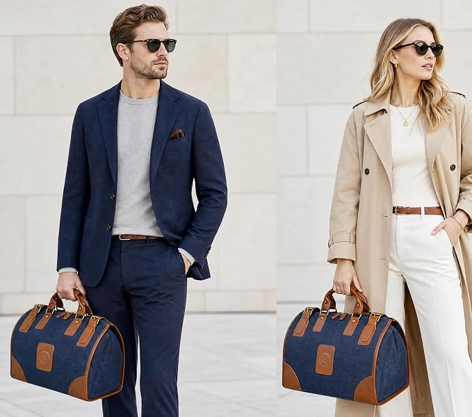 Canvas + Leather Travel Luggage Tote Duffle Gym Suitcase Weekender Overnight Bag For Men Male FB8151 (8151-The Blue) - Image 3