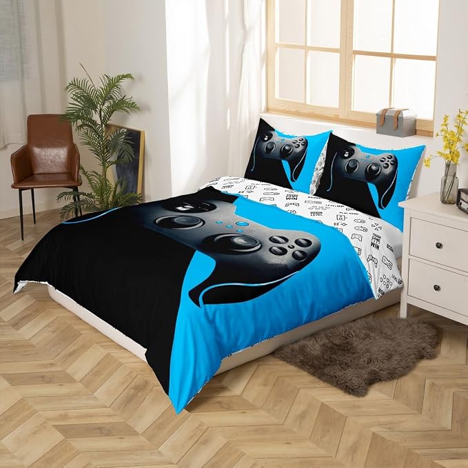Erosebridal Gamer Comforter Cover Merry for Teens Boys Girls Game Room Decor Bedding Set Gamepad Printed Player Gaming Duvet Cover Videogame Controller Pattern Bedspread, Queen Size,Black Blue - Image 5