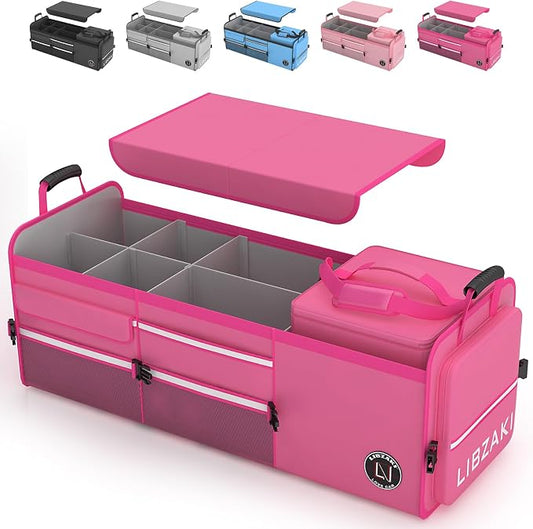 LIBZAKI Oversize 4 in 1 Car Trunk Storage Organizer, Multi Compartment Collapsible Trunk Storage Box with Cooler Bag for Car Truck SUV-Rose red by LILIBZAKI