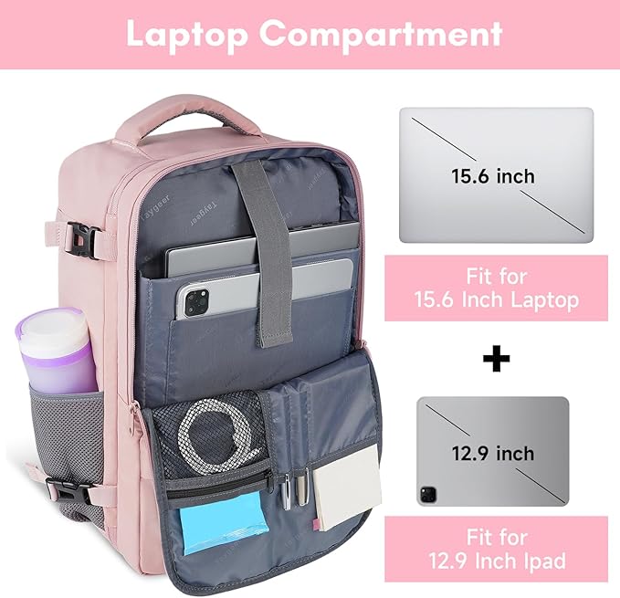 Taygeer Travel Backpack for Women, TSA Carry On Backpack Flight Approved | 15.6inch Laptop Mochila with Water Bottle Pocket & Shoe Pouch, Nurse Bag Casual Daypack for Weekender Business Hiking, Pink - Image 5
