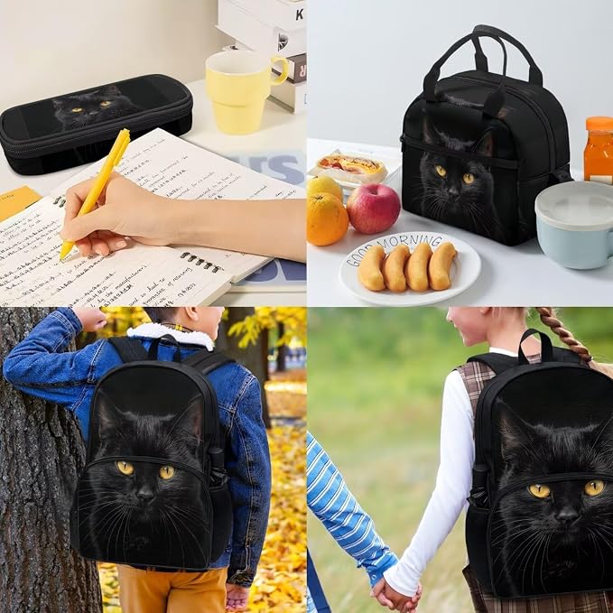 Boys Girls Black Cat Laptop Backpacks School Bag Schoolbag Handbag Pencil Case Pouch Organizer Water Bottle Holder Portable Bookbag Daypack Lunch Bags for School Travel Office Hiking - Image 4