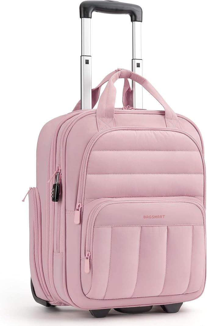 BAGSMART Small Underseat Carry on Luggage with Wheels, 16 inch Small Under Seat Luggage, Lightweight Travel Suitcase for Women, Baby Pink by BAGSMART