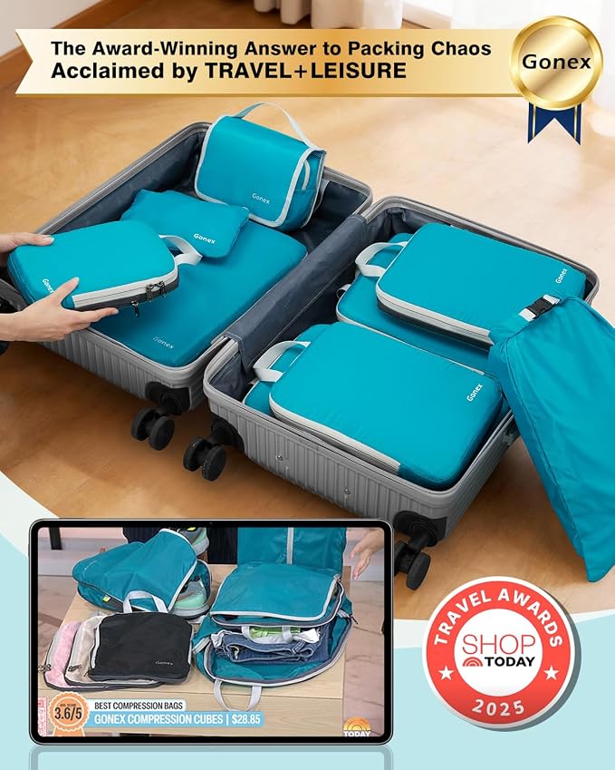 Gonex 10 Set Compression Packing Cubes, Expandable Storage Travel Bags for Suitcase, Luggage Organizers with Hanging Toiletry Bag Laundry Bag Shoe Bag Accessories Bag (Blue) - Image 2
