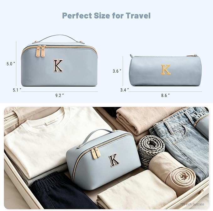 BOYATU Makeup Bag Gift for Women: 3-in-1 Travel Personalized Cosmetic Bag | Initial Make up Bag - Monogram A-Z - Vegan Leather Flat Open Toiletry Organizer - Ideal Gift Set for Birthday Graduation - Image 8