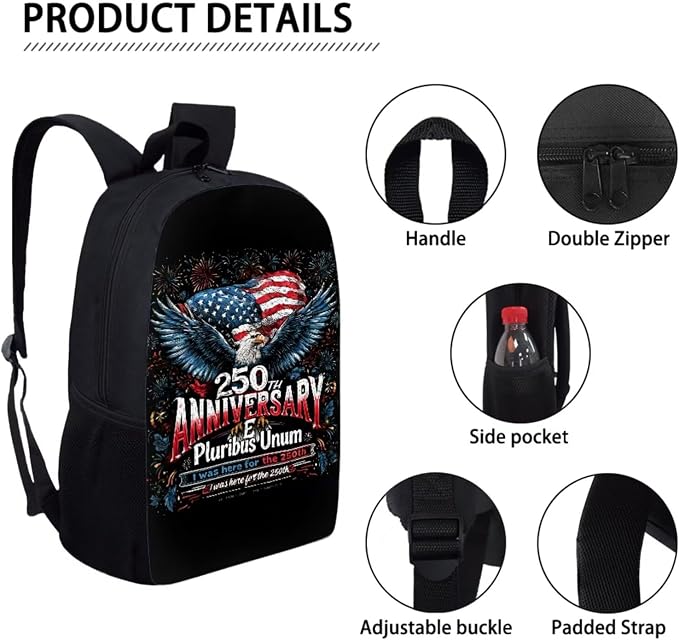 Eagle 250th Anniversary Black Backpack Set Kids Bookbag Primary School American Flag Fireworks Print Large Daypack with Lunch Bag and Pencil Bag, Students Lightweight Knapsack - Image 4
