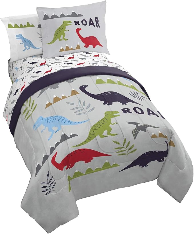 Trend Collector Dinosaur Twin Comforter Set 5 Piece Kids Bedding, Gray | Bed in a Bag, Comforter Sheets Sham Pillowcase, Official Brand, Soft Microfiber, Machine Washable, Easy Care, Boys Gift by JayFranco