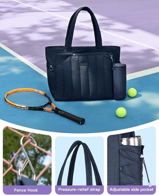 Quilted Tennis Tote Bag for Women Gym Duffle Bag with Shoe Compartment & Wet Pocket Fits 2-4 Rackets and 15.6" Laptop Overnight Weekend Sports Bag with Fence Hook(Large size) - Image 5