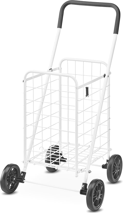 Whitmor Folding Utility Shopping Cart with Wheels, Heavy Duty Metal Grocery Cart, Portable Foam Handle, Rolling Collapsible Trolley for Groceries, Laundry, Storage, White - Image 4