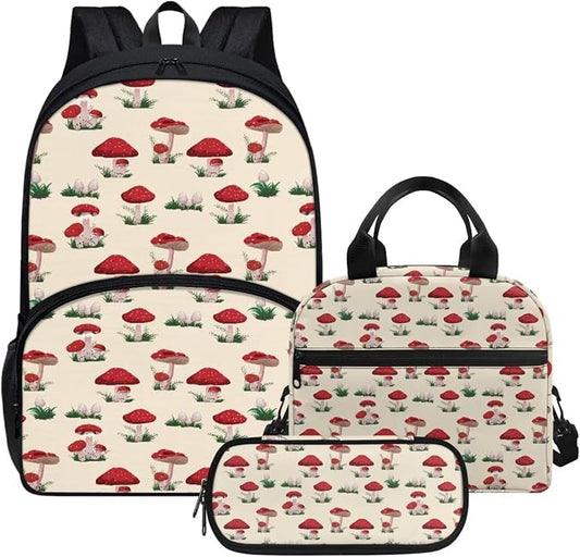 Beige Mushroom Backpack with Lunch Box and Pencil Case Girls Comfy Padded Cute School Backpack Set of 3 Bookbag for Student Lightweight Large Capacity Daypack by Parprinty