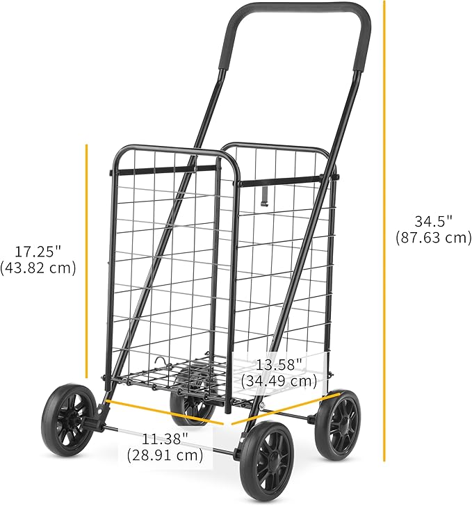 Whitmor Foldable Utility Shopping Cart with Wheels, Heavy Duty Metal Grocery Cart, Portable Foam Handle, Rolling Collapsible Trolley for Groceries, Laundry, Storage, Black - Image 7