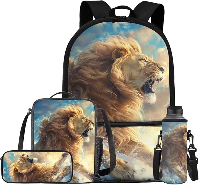 Lion Backpack for Kids Girls Backpack with Lunch Box Water Bottle Carrier and Canvas Pencil Pouch 4PCS Set Bookbag with Front Pocket 17 inch Soft Sturdy School Bag with Side Pocket for Boys by ELEDIZI
