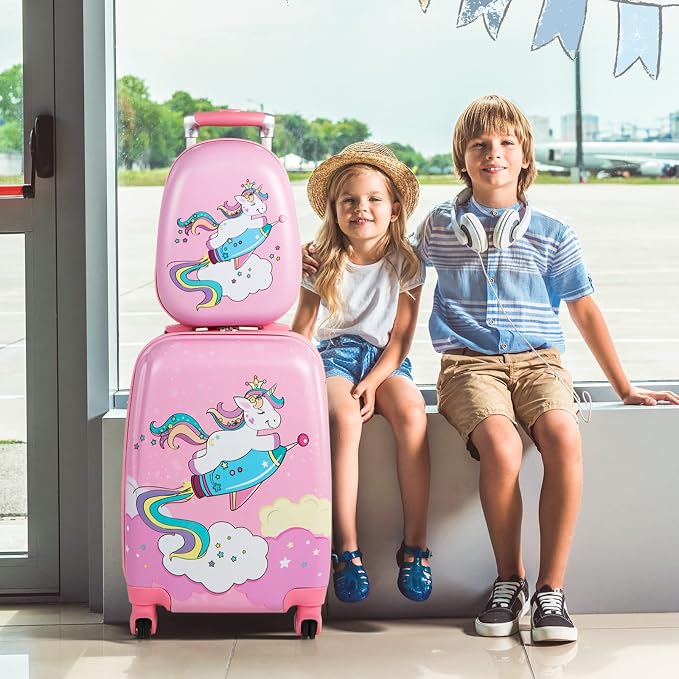 HONEY JOY Kids Luggage, 12" Toddler Backpack & 18" Travel Suitcase with Wheels, Lightweight Toddler Girls Suitcase, Durable ABS Hardshell, 2Pcs Carry On Luggage Set for Boys Girls - Image 3