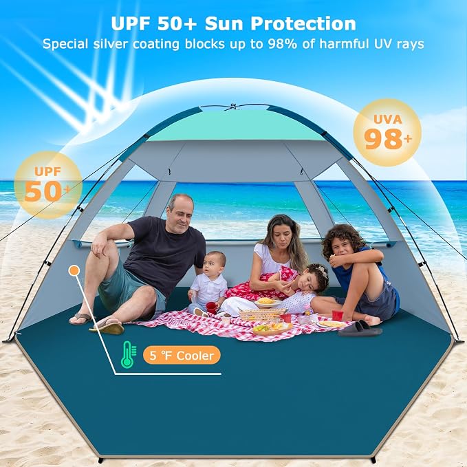 COMMOUDS Beach Tent Sun Shelter for 3/4/6/8 Person, UPF 50+ UV Protection Beach Shade Canopy Tent, Lightweight, Easy Set Up and Carry - Image 3