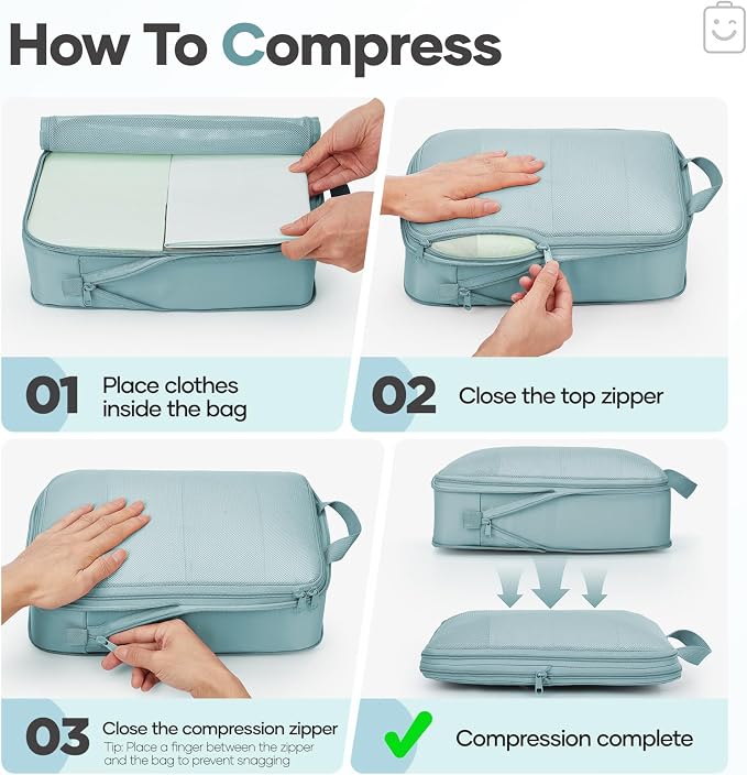 Veken 9/11 Set Compression Packing Cubes for Travel Essentials,Compressible Expandable Luggage Suitcase Organizer Bags with Garment Bag,Space Saver Bags with Over 1000 pcs of Mesh Holes(Blue Gray) - Image 3