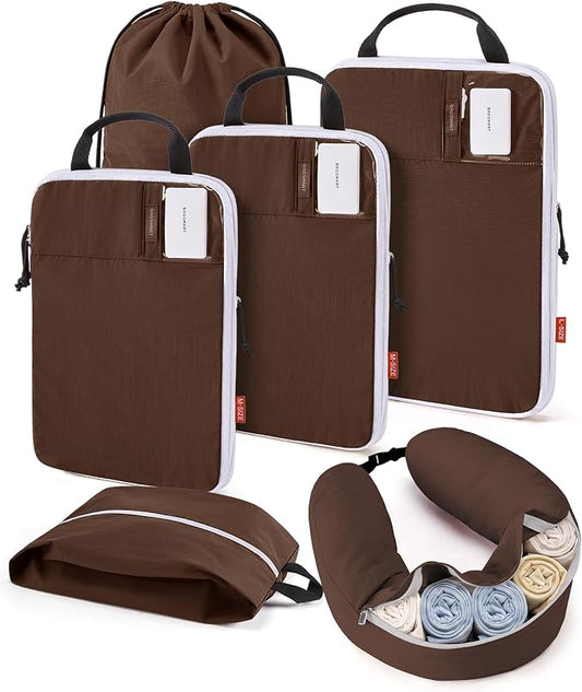 BAGSMART 6 Set Compression Packing Cubes Travel Essentials with Neck Pillow | Premium taslan organizer bags for budget airline carry-ons, luggage, suitcases, closets, cruises by BAGSMART
