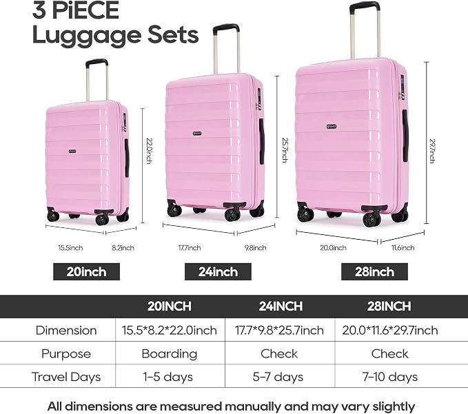 GinzaTravel PP material 3-piece expandable luggage sets with Spinner Wheels， Suitcase with TSA Lock，Large Luggage for Family Travel carry on 20/24/28，Light pink color - Image 3