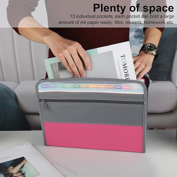 NAFY Expanding File Folder, 13 Pockets Document Organizer with Zipper, A4 Letter Size Portable Accordion Expanding File Folders with 27pcs Multicolor Labels for Home Office School Supplies (Pink) - Image 2