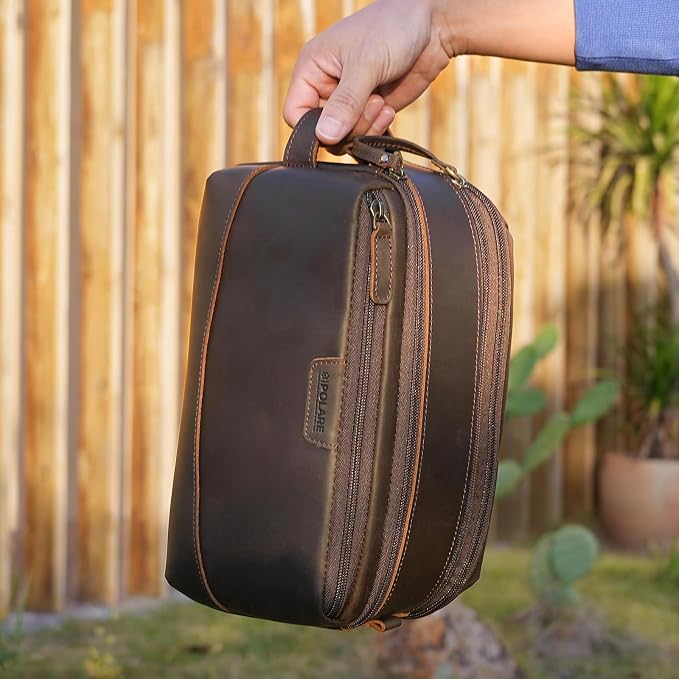 Polare Full Grain Leather Toiletry Bag for Men Large Travel Cosmetic Case Dopp Kit Shaving Kit Wash Pouch with YKK Zippers - Image 3