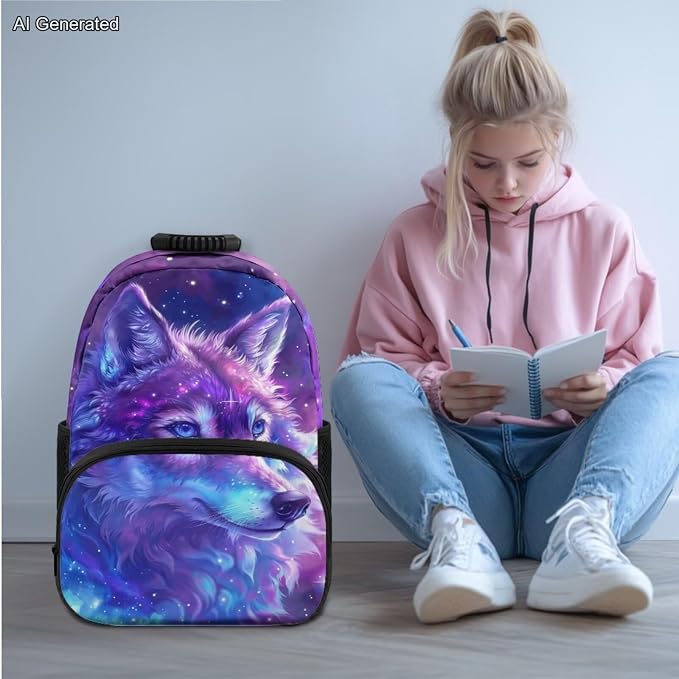 Galaxy Wolf Kids Bookbags for Boys Ages 5-10 Backpack with Lunch Bag 4Pcs Set Pencil case Water Bottle Pouch Elementary 17 inch School Accessories - Image 2