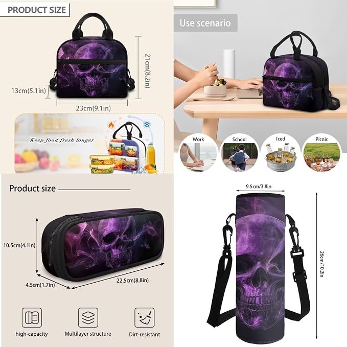 Girls Purple Skull Skeleton Flame Backpack Set 4 In 1 School Bags for Boys Kids Laptop Schoolbag Travel Bookbag Hiking Backpacks for Preschool Kindergarten Elementary Middle School - Image 6