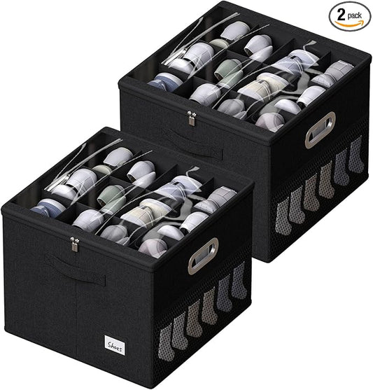 2 Pack Shoe Organizer for Closet Large Shoe Box Storage Containers with Clear Window Space Saving Shoe Bin with Foldable Bottom Support Adjustable Dividers Fits 32 Pairs (Black, (16.5*16.5*13in)*2) by FHSQX
