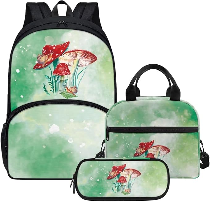 Green Mushroom Backpack with Lunch Box and Pencil Case Girls Comfy Padded Cute School Backpack Set of 3 Bookbag for Student Lightweight Large Capacity Daypack by Parprinty