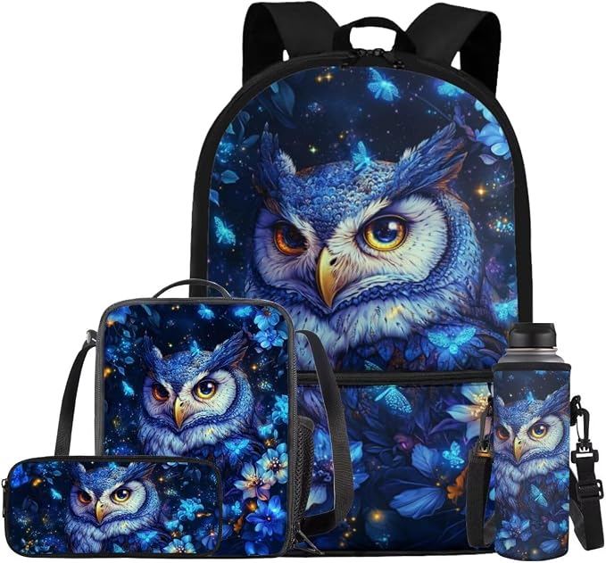 Blue Owl Kids School Backpack with Lunch Box Bag Girls 10-12 Lightweight Tote Bag with Water Bottle Pocket Pencil Pouch for School Picnic Vacation Travel Birthday Gifts for Students by Bivxisrvo