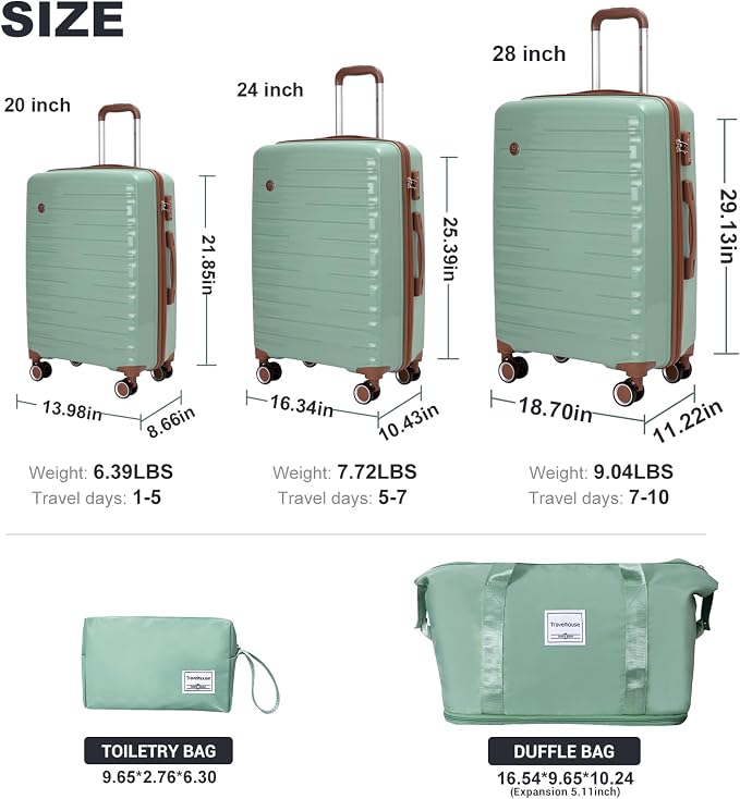 Travelhouse Luggage Sets 5 Piece with Double Spinner Wheels,PP Hardside Suitcase Sets with TSA Lock,Carry On Luggage Set with Travel Duffle Bag for Women and Men - Image 2