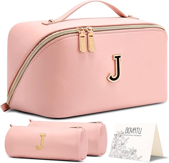 BOYATU Makeup Bag Gift for Women: 3-in-1 Travel Personalized Cosmetic Bag | Initial Make up Bag - Monogram A-Z - Vegan Leather Flat Open Toiletry Organizer - Ideal Gift Set for Birthday Graduation by BOYATU