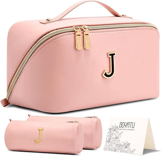 BOYATU Makeup Bag Gift for Women: 3-in-1 Travel Personalized Cosmetic Bag | Initial Make up Bag - Monogram A-Z - Vegan Leather Flat Open Toiletry Organizer - Ideal Gift Set for Birthday Graduation by BOYATU