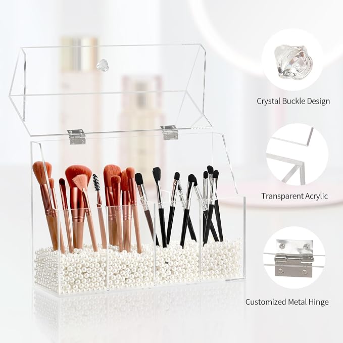 Vevitts Acrylic Makeup Organizer, Clear Cosmetic Brush Storage Box With 4 Brush Holders (Pearl not included),Makeup Brush Holder with Dust Cover, Large-capacity Split Design Organize the Desktop - Image 4