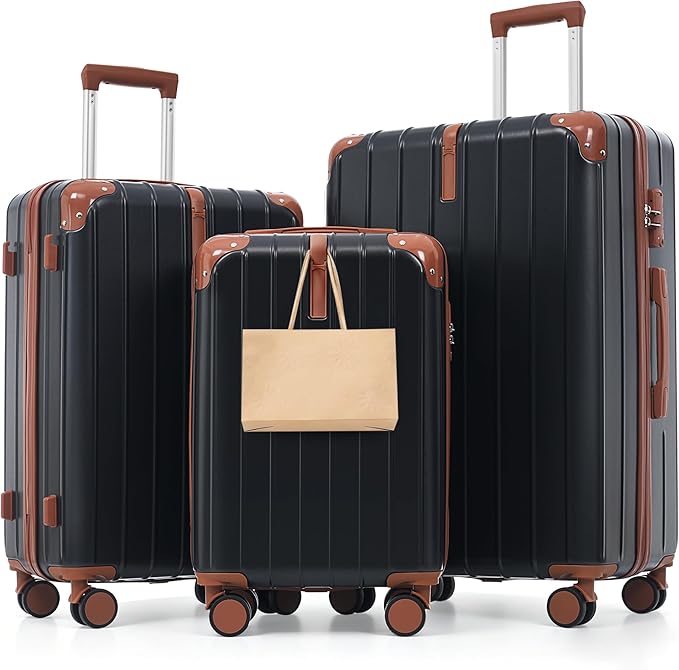 Hardside Luggage Sets, Lightweight Stripes Suitcase with Spinner Wheels, Black by Merax