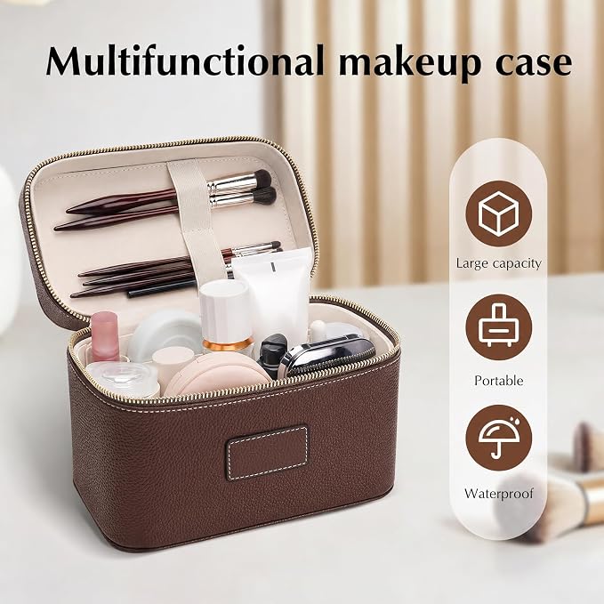 Makeup Case for Women, Leather Makeup Bag Cosmetic Case with Removable Divider, Large Capacity Waterproof Portable Travel Toiletry Make up Organizer Case - Image 4
