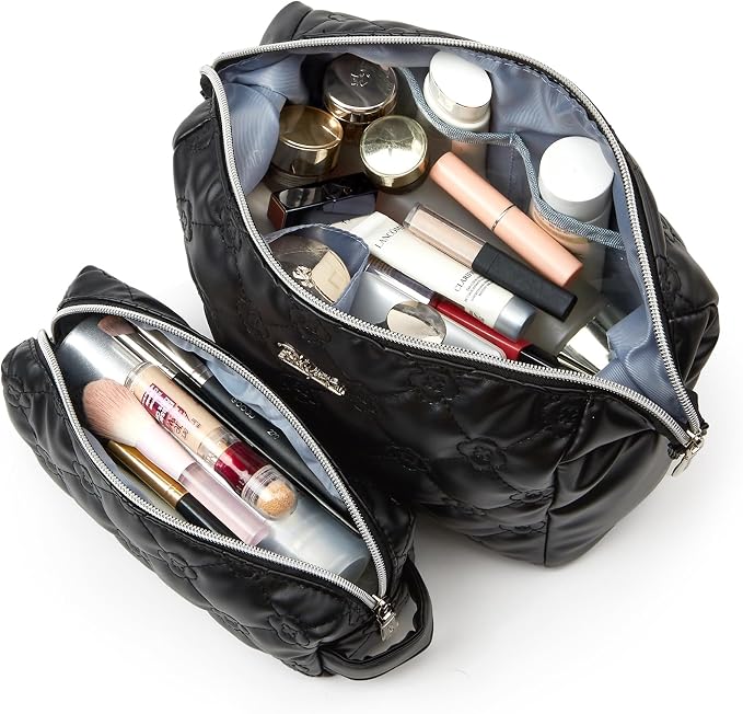 BOYATU Travel Makeup Bag Cosmetic Pouch: 2 Pcs Set Waterproof Vegan Leather Cosmetic Bags for Women - Cute Quilted Skincare Make up Toiletry Bag for Girl (02-Black) - Image 4
