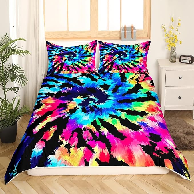 Purple Tie Dye Bedding Set Queen,Blue Tie Dye Duvet Cover Spiral Tie Dyed Printed Comforter Cover Set,Boho Hippie Bed Set Abstract Art Theme Quilt Cover Set with Zipper(Watercolor Rainbow Tie Dye) - Image 4
