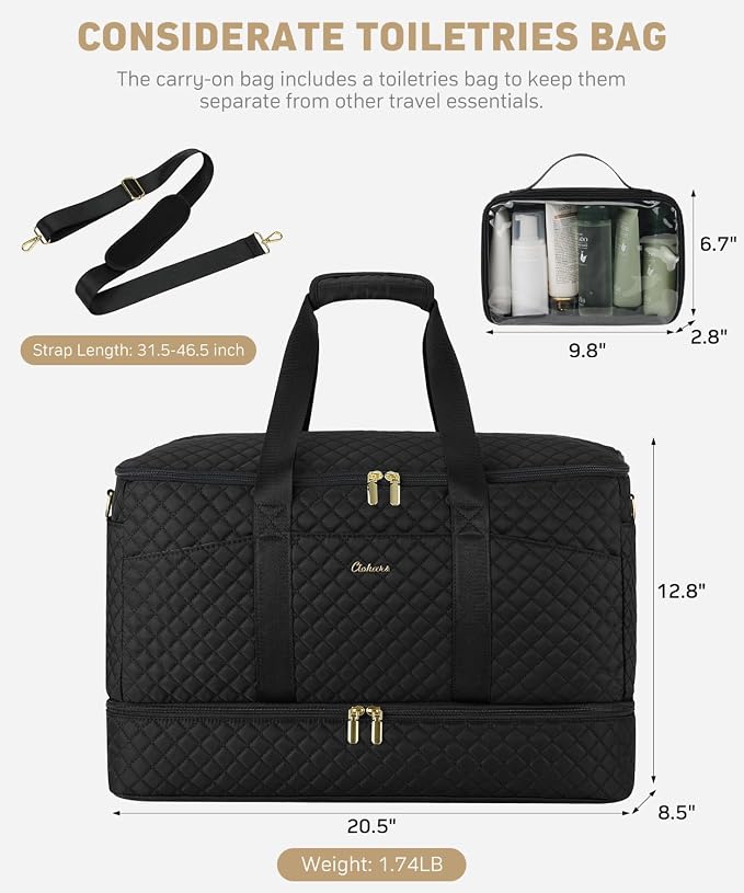 Duffle Bag for Travel, 40L Weekender Bag with Shoe Compartment, Carry On Overnight Bag for Women with Toiletry Bag Duffel Bags with Wet Pocket for Gym Hospital Bags for Labor and Delivery Black - Image 5