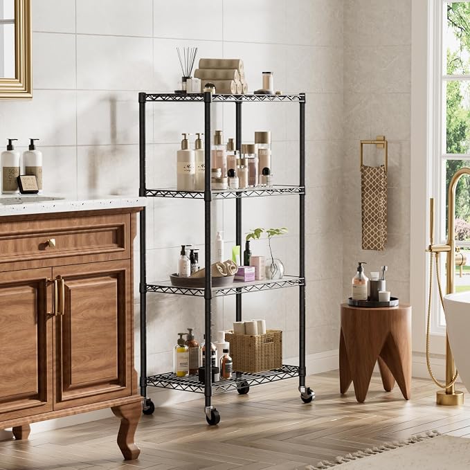 Golpart 4 Tier Shelves Storage Shelf Wire Closet Bathroom Organizers Metal Pantry Kitchen Garage Shelving Unit Laundry Room Organization Home Rack Net Basket Black with Wheels 14”D X 24”W X 48.9”H - Image 8