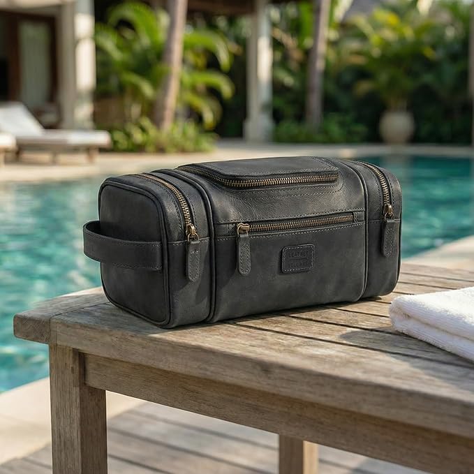 LEATHER VILLAGE Genuine Leather Travel Dopp Kit for Men & Women – Water-Resistant Large-Capacity Hanging Toiletry Bag for Travel, Grooming, Bathroom Organization, Shaving Essentials & Gym Use - Black - Image 7