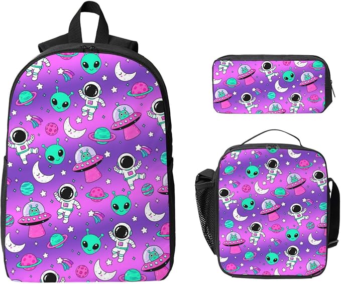 Alien Space Kid Backpack Set with Lunch Bag & Pencil Case Large Capacity School Bag 17 Inch Bookbag for Boy Girl - Image 8