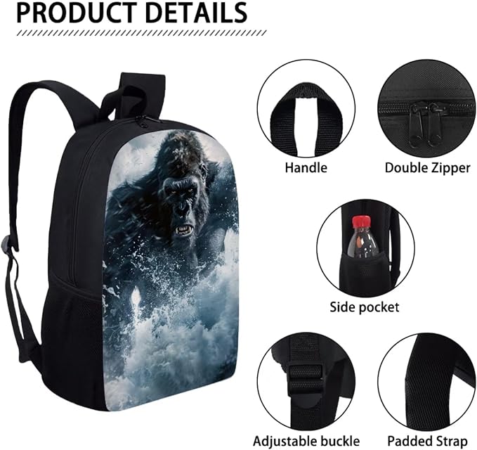 17 Inch Animal Print School Backpack And Lunch Box Set for Kids Lightweight Sea Angry Gorilla Backpack for Boys Girls Sturdy School Bag with Insulated Lunchbox Pencil Case Student Bookbag - Image 4