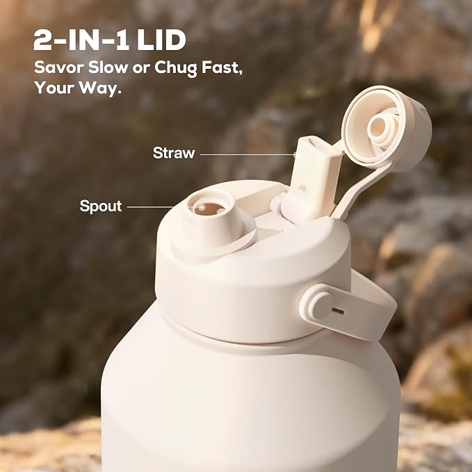 POWCAN 64 oz Water Bottle Insulated with 2-in-1 Straw and Spout Lid, Carrier Bag, Handle Strap, Leakproof, BPA-Free, Half Gallon Metal Water Bottle for Camping, Picnic and Hydration (Cream) - Image 3