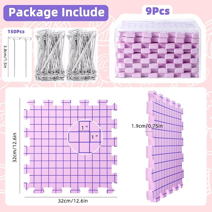 Opstin Knitting Blocking Mats and Pins, Interlocking Blocking Boards for Crochet Projects 0.75'' Extra Thick Blocking Mats with 150 T-Pins and Storage Bag - Image 4
