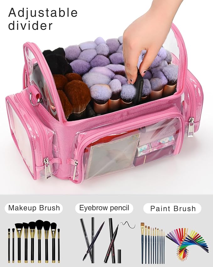 NAONAYA Pink Makeup Brush Bag, Large Makeup Brush Holder Professional Makeup Artist Travel Case Clear Waterproof Cosmetic Organizer Bag, Full Open Easy to Access, with Adjustable Strap and Dividers - Image 4