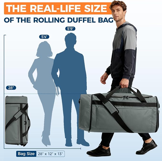 Uarition 70L Foldable Rolling Duffle Bag with Wheels, 28” Large Duffle Bag for Travel, Carry On Luggage Duffel Bag for Traveling/Camping/Moving, Water Resistant, Grey - Image 2