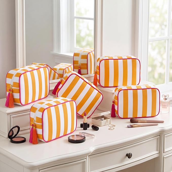Kacctyen 6 Pack Orange and White Striped Makeup Bag bulk with Tassel Travel Cosmetic Pouch Organizer Large Zipper Toiletry Case for Women Aesthetic Storage Pouch Mahjong Tile Bag - Image 8