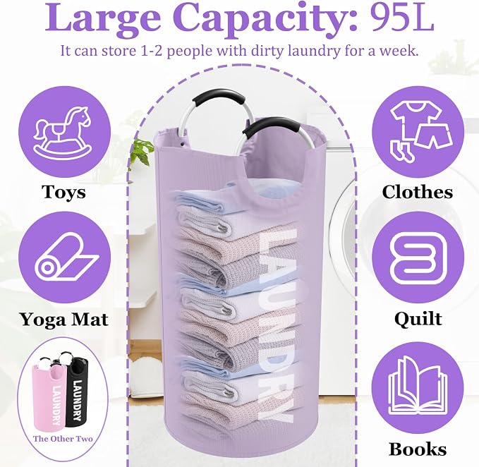 3Pack Folding Clothes Hamper with Handles, 95L Tall Laundry Basket Organizer, Durable Laundry Bags, Large Dirty Clothes Hamper for Family, Travelling, Camping, Purple + Pink + Black - Image 2